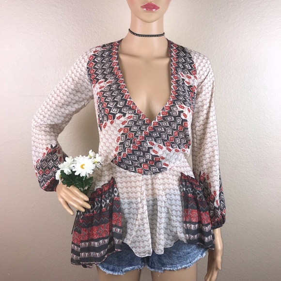 Free People Western Aztec Ruffle Peasant Blouse - Picture 2 of 7
